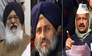 Parkash Singh Badal (L), Sukhbir Badal (C), Arvind Kejriwal (R) - [File Photos]