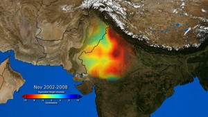 Satellite image showing the groundwater crisis in Punjab, India. Blue indicates areas with water surplus, yellow shows the beginning of a deficit. Red areas show regions experiencing severe groundwater depletion. Source: NASA.