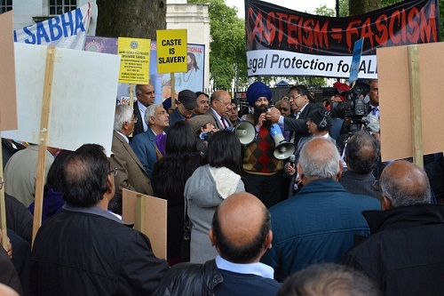 A view of protest demonstration at London against caste discrimination