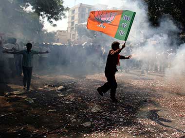 Celebrations take place at BJP headquarters as the counting continues in Haryana, Maharashtra