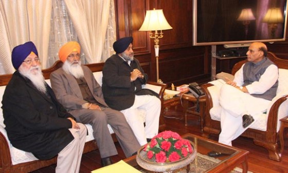 Left to Right: SGPC president Avtar Singh Makkar, Badal Dal leader Sukhdev Singh Dhindsa, Punjab Deputy CM Sukhbir Badal and Indian Home Minister Rajnath Singh