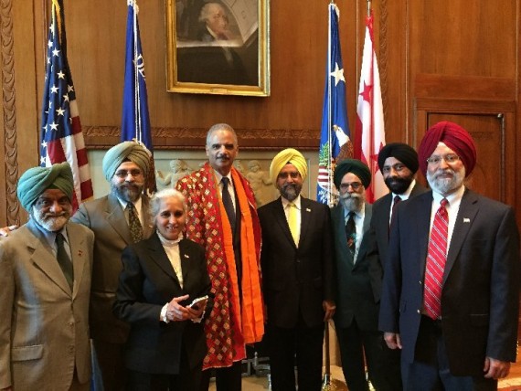 L to R: Chattar Singh Saini, Arvinder Singh, Rani Kaur Sawhney, Attorney General Eric Holder, Dr. Rajwant Singh, Inder Paul Singh Gadh, Ravi Singh and Harminder Singh Jassal