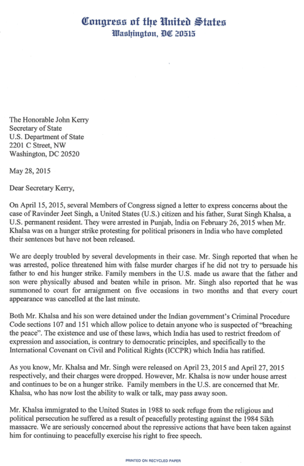 Congressional letter on behalf of Bapu Surat Singh Khalsa and Ravinder Singh Gogi (Page 1)