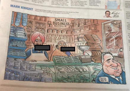Cartoon published by Herald Sun. [Parts blackened] 