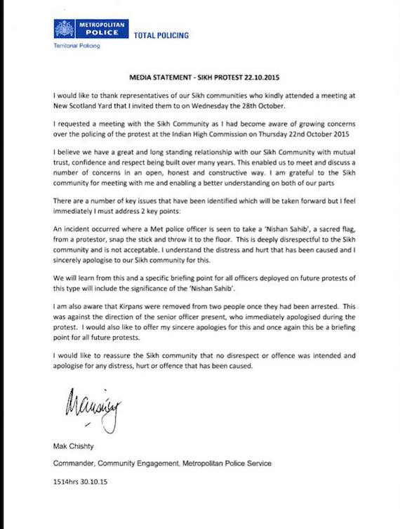METROPOLITAN POLICE SERVICE ISSUE APOLOGY TO SIKHS