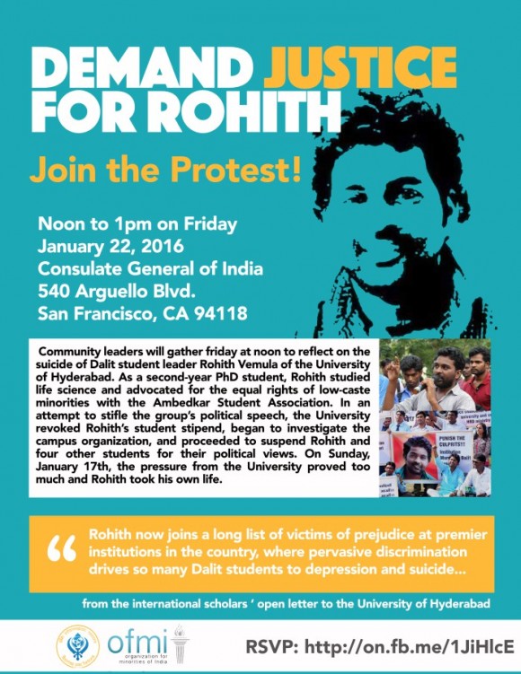 Protest against Indian Consulate in CA over #RohithVemulaSuicide