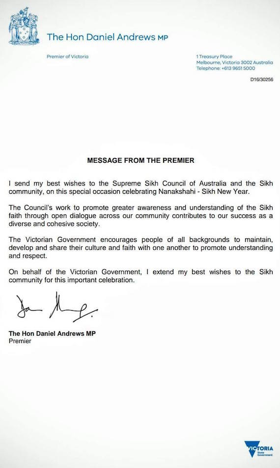 Message from Victoria Premier on Sikh new year