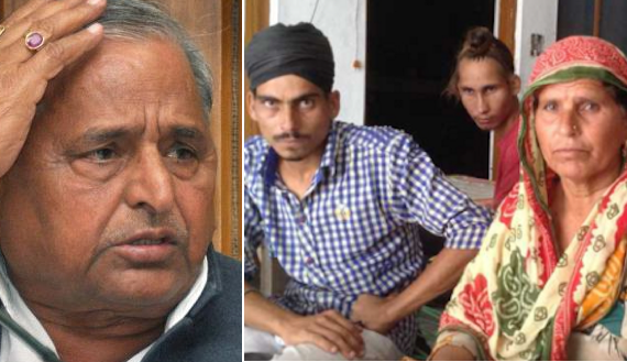 [File Photos used for representational purpose only] Mulayam Yadav (L) - Sukhwant Kaur, whose brothers-in-law were among 28 beaten up in jail, with family (R)