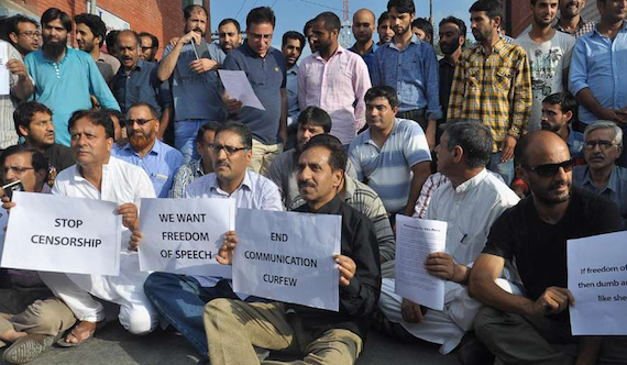 Newspaper owners and journalists on Saturday staged a protest against the gag imposed in the Valley | Courtesy - Photo: Muzamil Mattoo; Source: Kashmir Reader