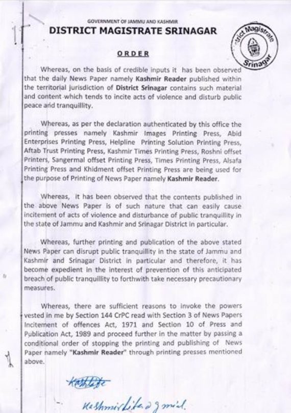 Government Bans Kashmir Reader Newspaper (page 1)