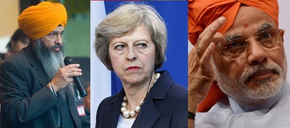 Sikh Federation UK leader Bhai Amrik Singh Gill (L), British Prime Minister Theresa May (C) and Indian Prime Minister Narendra Modi (R) [File Photos] | Image used for representational purpose only