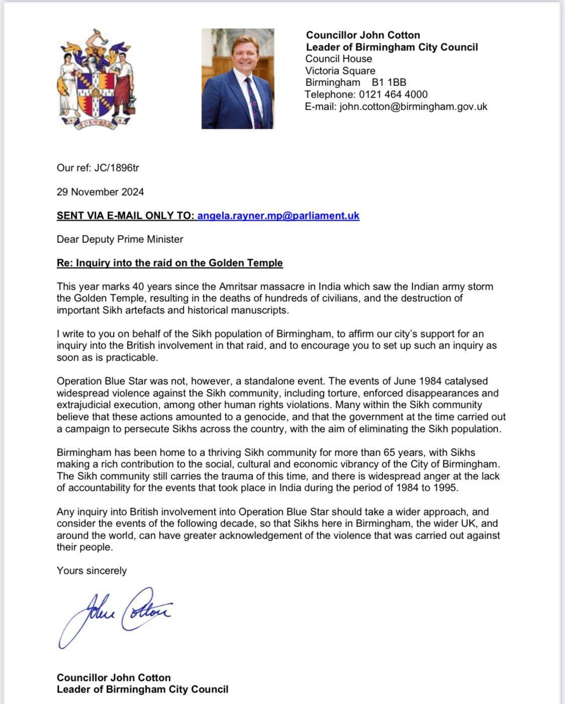 Letter by Leader of Birmingham City Council Councillor John Cotton