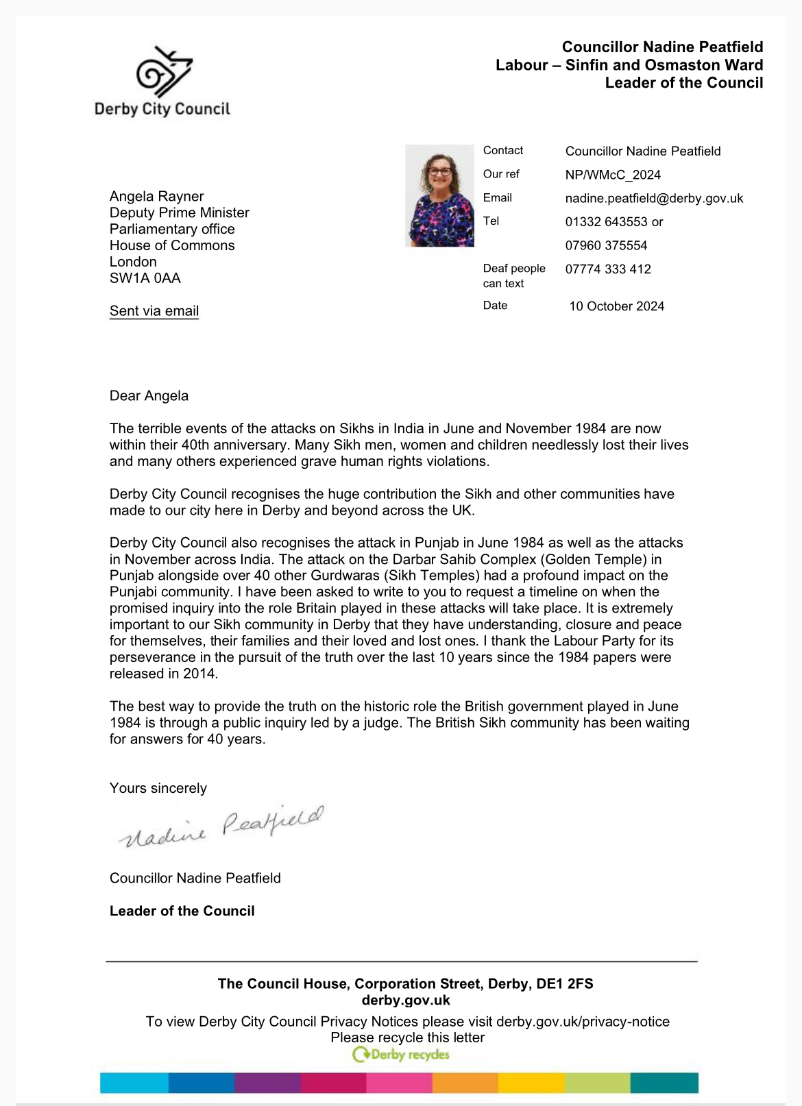 Letter by Leader of Derby City Council Councillor Nadine Peatfield