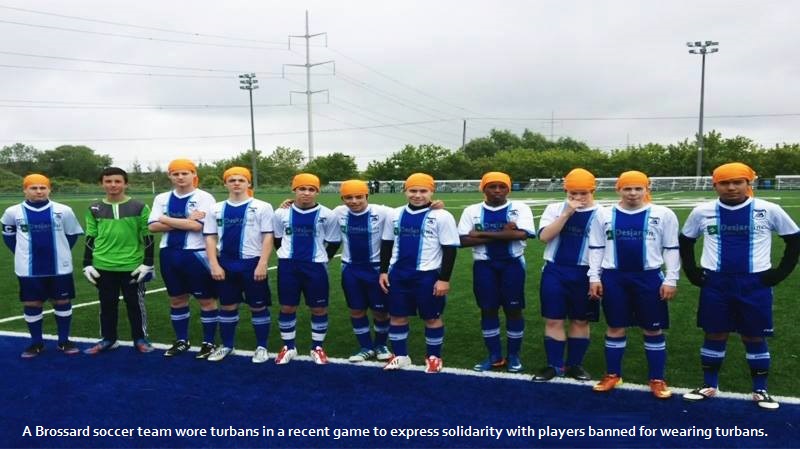 A Brossard soccer team wore turbans in a recent game to express solidarity with players banned for wearing turbans. (Photo Courtesy- CTV Montreal)