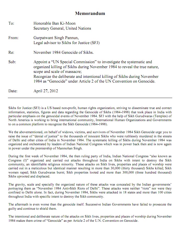 SJF Memorandum to UN General Secretary Mr. Ban Key Moon (Page 1 of 2)